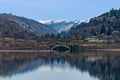 Bridges, mountain and valley, reflecting on Columbia River Royalty Free Stock Photo
