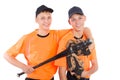 Twin brothers in the form of a baseball game Royalty Free Stock Photo