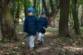 Twin brothers strolling in the woods Royalty Free Stock Photo