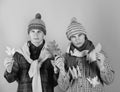 Twin brothers wearing warm hats and scarves Royalty Free Stock Photo