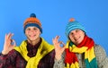 Twin brothers wearing warm hats and scarves show ok signs Royalty Free Stock Photo