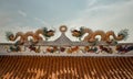 Twin Chinese dragons sculpture decorate on chinese-style temple roof Royalty Free Stock Photo