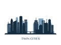 Twin Cities skyline, monochrome silhouette. Royalty Free Stock Photo