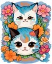 Twin cute kitten head, fantasy flowers splash