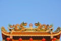 Twin dragons on the Chinese temple roof. Royalty Free Stock Photo