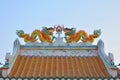 Twin dragons on the Chinese temple roof. Royalty Free Stock Photo