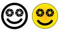 Twin dual lens mobile phone smiley face icon. Two camera aperture symbol instead of eyes.