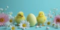 Twin Easter yellow chicks flank a central egg against a blue backdrop, accented with daisies and pink blooms, a cute and