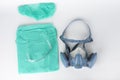 Twin filter half face respirator mask, plastic protective eyglasses, protective gown, cap, personal protective equipment to