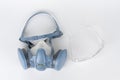 Twin filter half face respirator mask and plastic protective eyglasses, personal protective equipment to protect against the