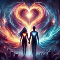 Twin flame couple. Soulmates. The concept of magical, esoteric, tantric, spiritual love. Connection between souls