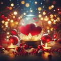 Two Red Hearts Sparkle Against Festive Lights, Valentine\'s Day Background. Generative ai for illustrations Royalty Free Stock Photo