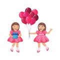 Twin girls congratulate each other on their birthday. Girls with gifts and balloons. Cute girls in cartoon style with