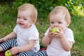 Twin girls looking up with an appetite eat apples