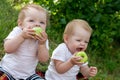 Twin girls looking up with appetite eat apples