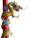 Twin Golden Chinese Dragon Wrapped around red pole on isolate background. Royalty Free Stock Photo