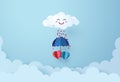 Twin heart under blue umbrella floating on the sky with cloud