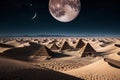 Twin Moons over Desert City with Pyramids Royalty Free Stock Photo