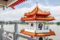 The Twin Pagodas on Jurong Lake, in the Chinese Garden with cloudy sky in Singapore Royalty Free Stock Photo