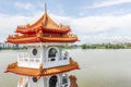 The Twin Pagodas on Jurong Lake, in the Chinese Garden with cloudy sky in Singapore Royalty Free Stock Photo