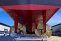 Twin Propeller Close up and Repair Cargo ship in floating dry dock.