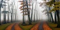 Twin roads in the autumn misty forest landscape