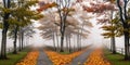 Twin roads in the autumn misty forest landscape