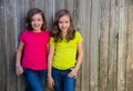 Twin sisters with different hairstyle posing on wood fence