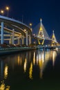 Twin suspension bridged crossing Bangkok river at twilight, Thailand