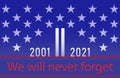 9 11 Twin tower. We will never forget. Blue star pattern background-landscape