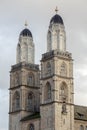 Towers of Grossmuenster Church. City of Zuerich, Switzerland
