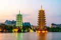 Night view of sun and Moon Twin Towers in Guilin, Guangxi Province, China Royalty Free Stock Photo