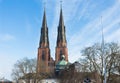 Twin towers of Uppsala Cathedral and the Anatomical Theatre at Gustavianum Royalty Free Stock Photo