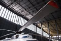 Twin-turbine helicopter Mi-8 in the hangar. Selective focus. Royalty Free Stock Photo