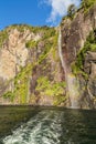 Twin Waterfalls. Milford Sound. Fiordland national park, South island, New Zealand Royalty Free Stock Photo