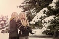 Twin women playing snowballs in forest on snow landscape