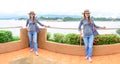 Twin Women Traveler with Golden Triangle Background