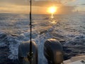 Twin Yamaha outboard 225 motors running away from sunset or sunrise