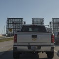 Twincab truck waiting to cross a raised drawbridge. Port Canaveral, Florida.