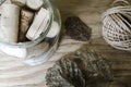 Twine, leaf skeletons and corks Royalty Free Stock Photo