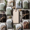With a twine loop is centered among the tea bags, suggesting a Royalty Free Stock Photo