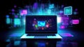 A twinkle light on laptop screen and a colorful abstract light background. AI generated a digital technology illustration picture.