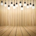 Twinkle lights on empty wooden background