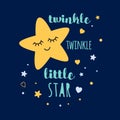 Twinkle twinkle little star text with yellow sleepeing star Baby shower template design Royalty Free Stock Photo