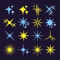 Twinkle star icons, glitter shapes. Clean magic, shine christmas effect, yellow and blue light burst, flash comet, glow