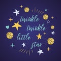 Twinkle twinkle little star text with gold polka dot yellow stars for girl baby shower card template vector