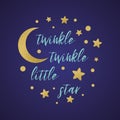 Twinkle twinkle little star text with gold star and moon baby shower card template Royalty Free Stock Photo