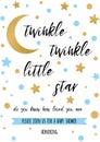 Twinkle twinkle little star text with golden oranment and blue star for boy baby shower card template Royalty Free Stock Photo