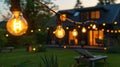 Twinkling Delight: Outdoor String Lights Add Charm to Backyard Garden Party and Camping Decor Royalty Free Stock Photo