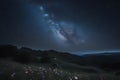 dark night sky with stars over a serene forest landscape. dramatic scene with the Milky Way cosmic glow. Generative ai